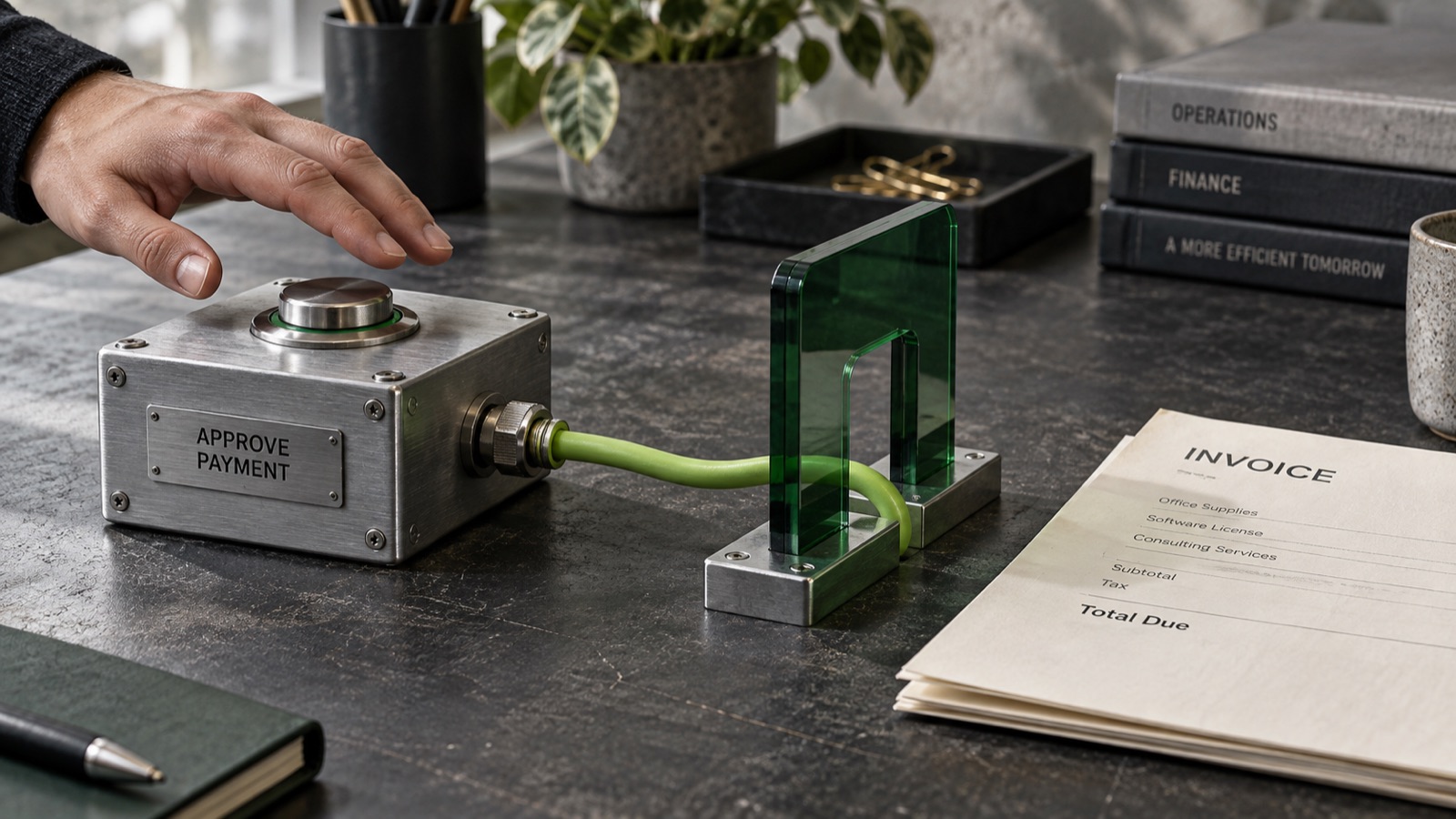 A hand above a payment approval switch, connected through a green gate beside an invoice.