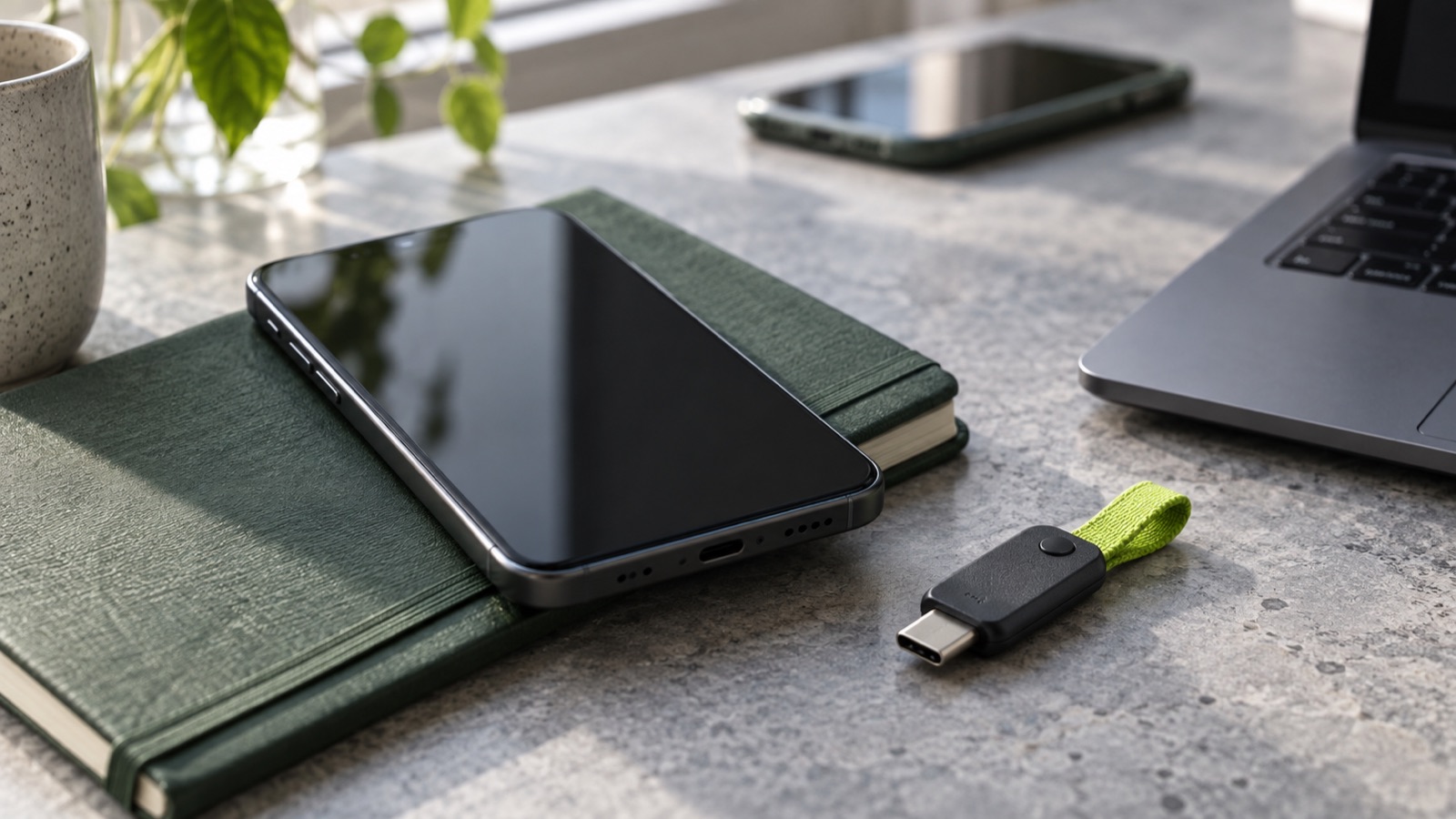 A phone and a USB-C security key beside a laptop and a second device.