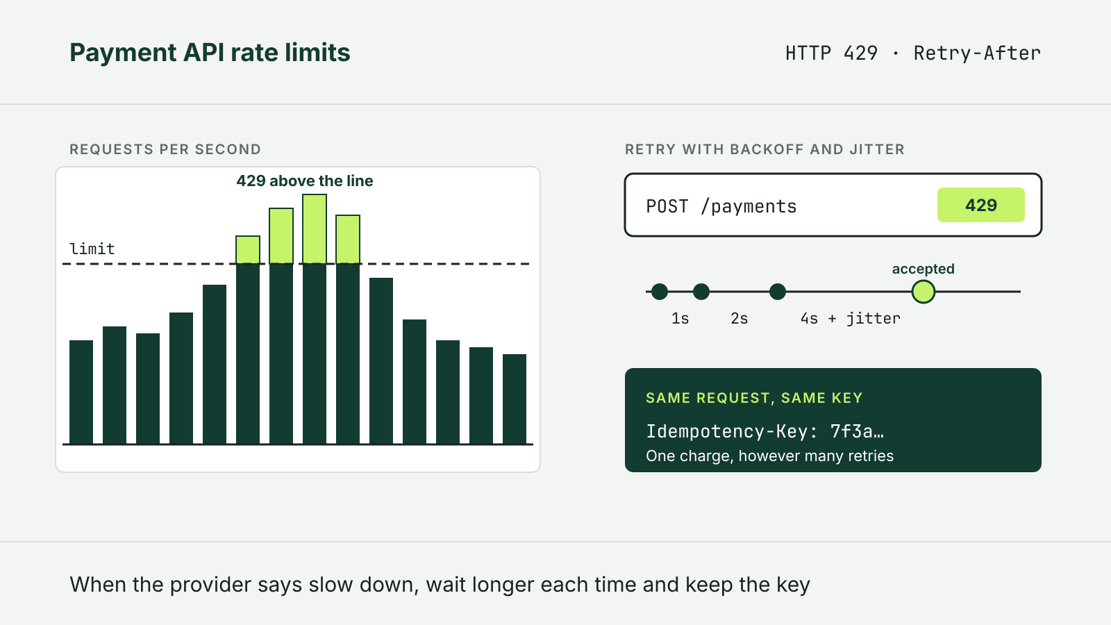 Bar chart of API requests per second crossing a dashed rate limit, with the excess answered by 429, beside a request retried after 1, 2 and 4 seconds plus jitter and sent with the same idempotency key.
