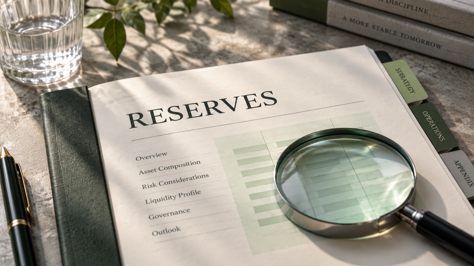 A magnifying glass over a reserve report and its asset composition table.