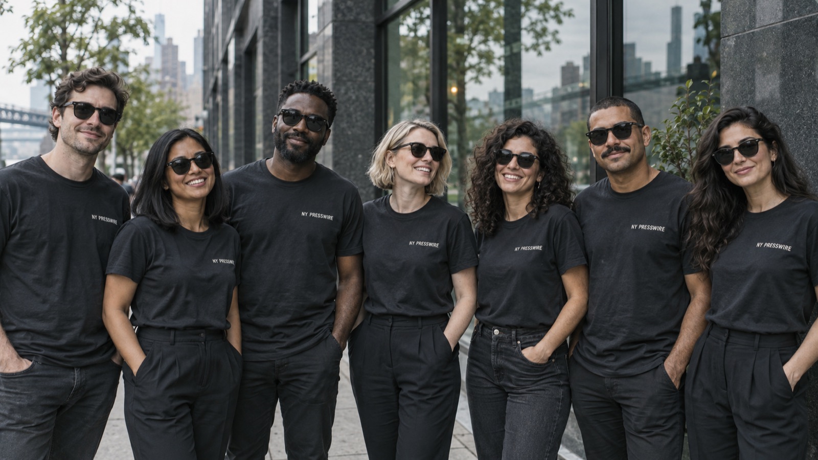 The seven-person NY Presswire editorial team in project T-shirts on a city street.